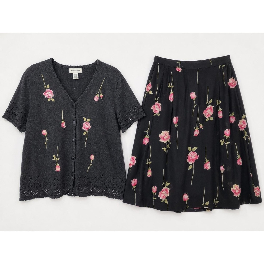 Alfred Dunner Vintage Floral Embroidered Cardigan Skirt Set Black Pink Rose L/18